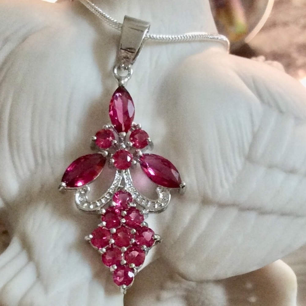 Sterling Silver Art Deco Style Rhodolite Garnet Topaz 1.5” Pendant Necklace New